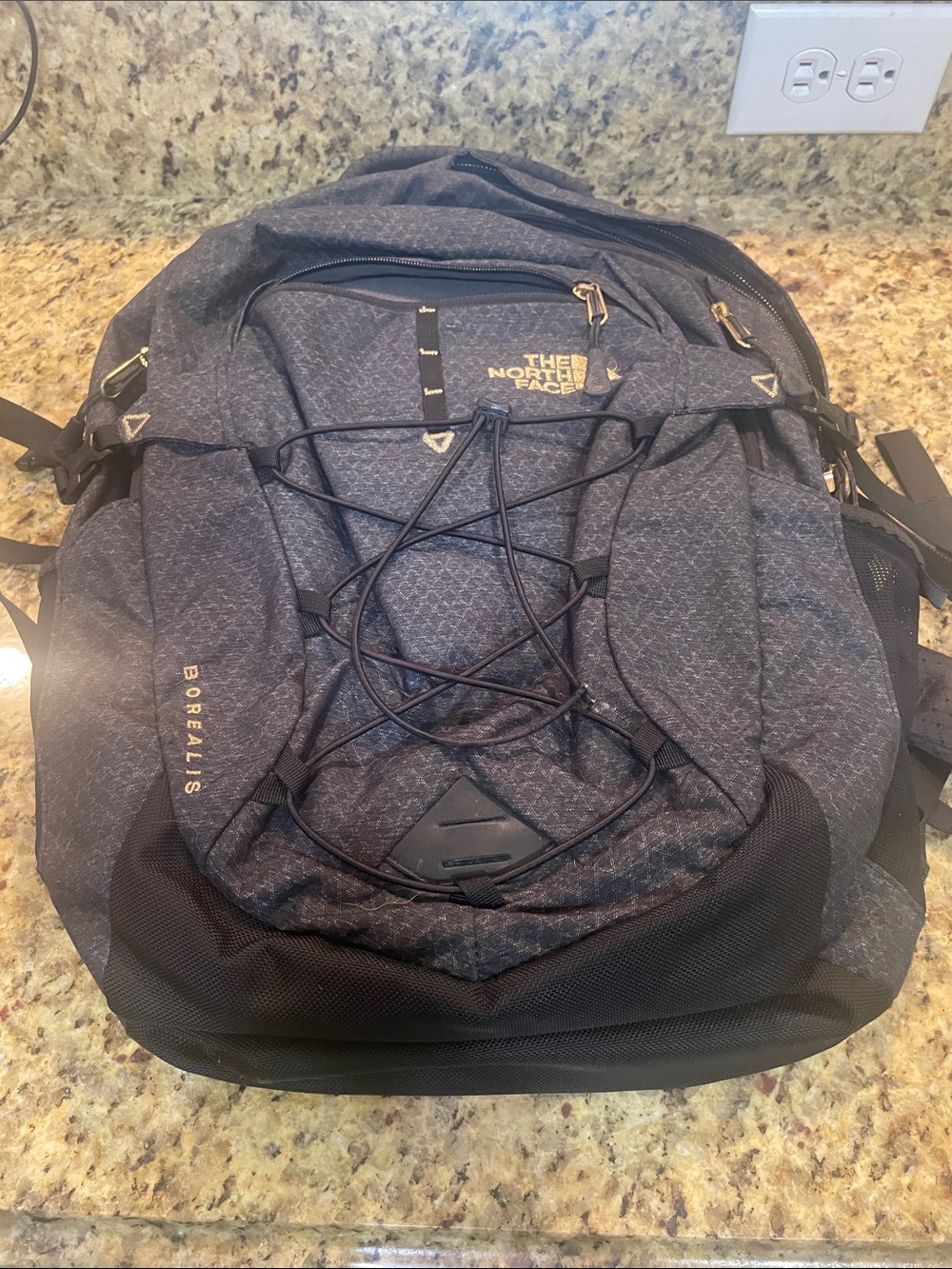 The North Face Borealis Backpack in Charcoal Black with Gold Accents